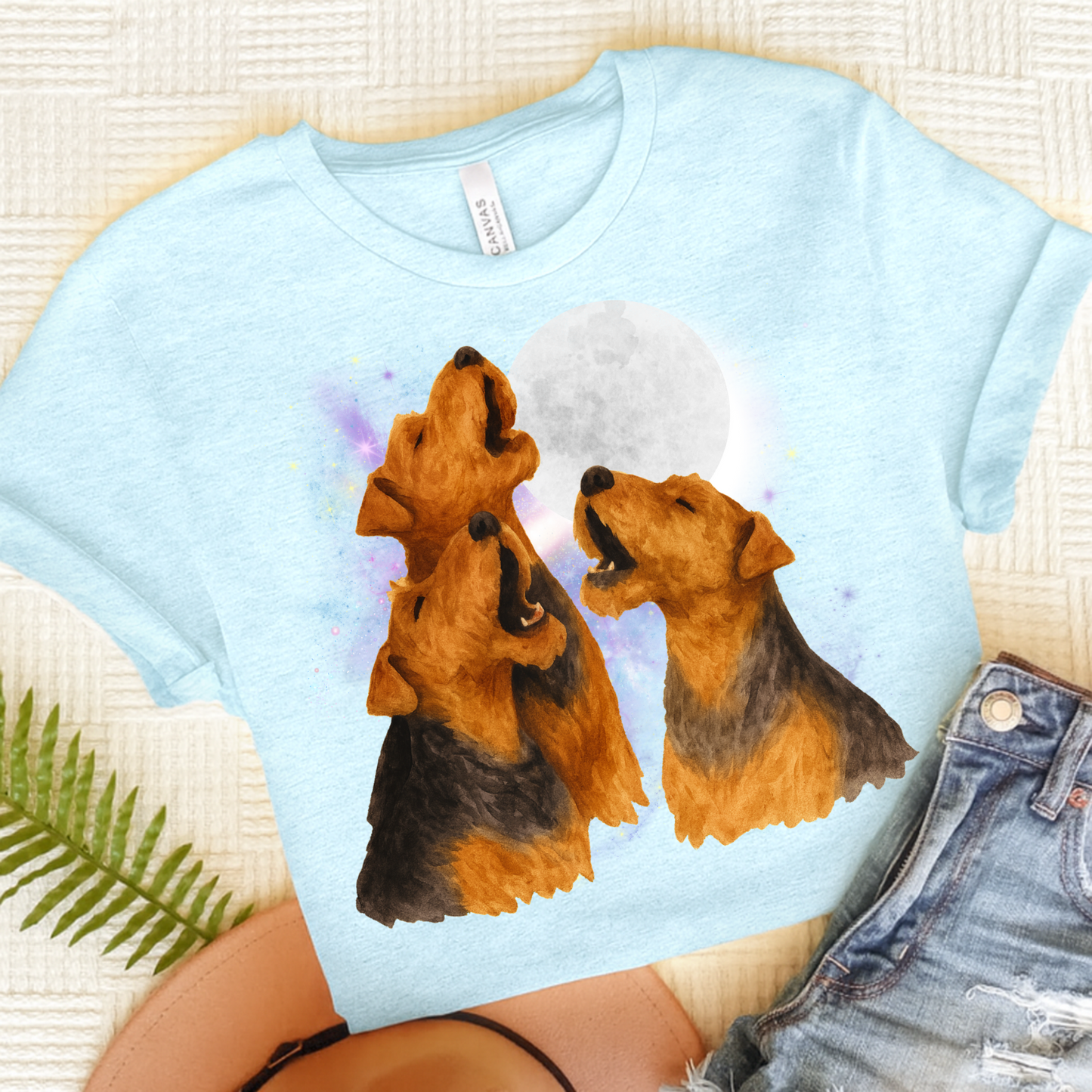 Airedale Terrier Howling TShirt Heather Ice Blue