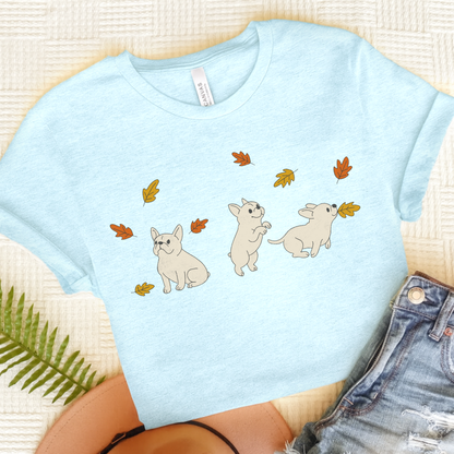 White Frenchie Chasing Leaves TShirt Heather Ice Blue