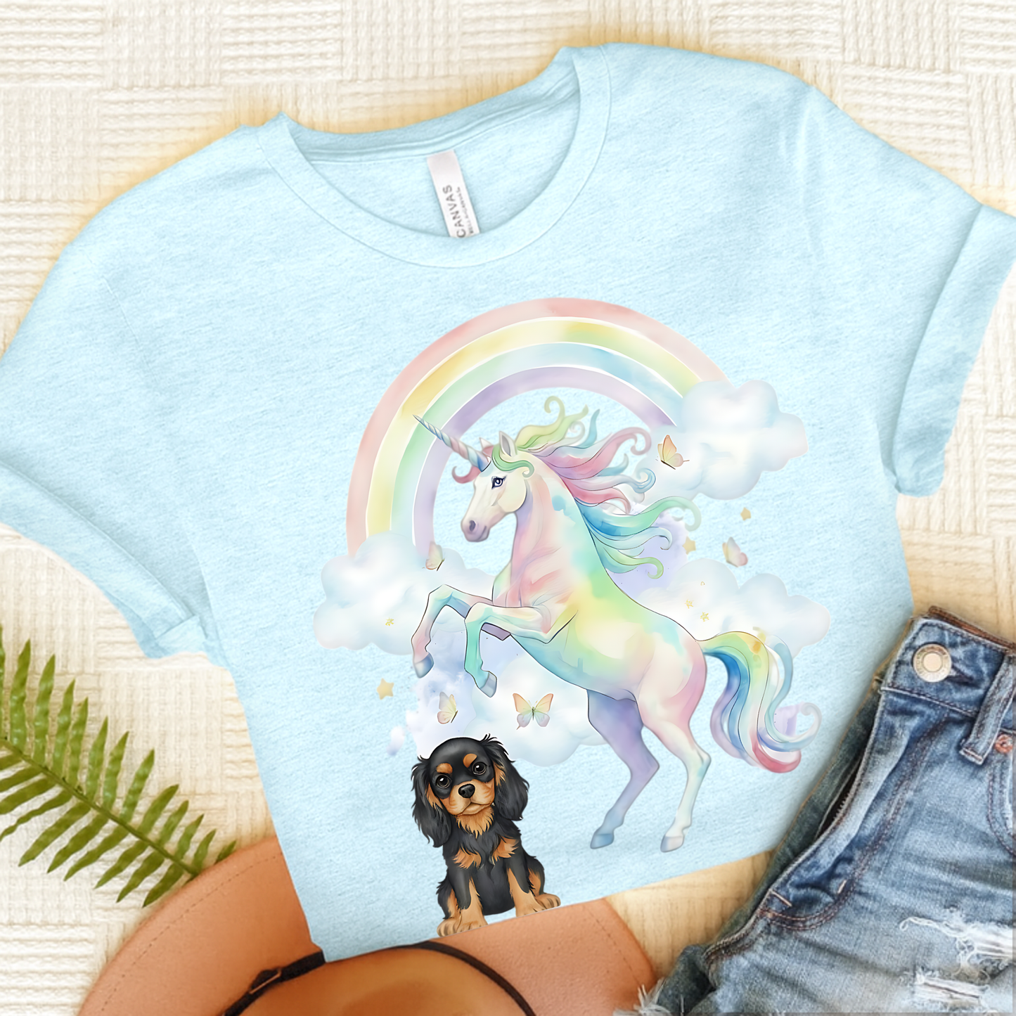 Black Tan Cavalier Watercolor Unicorn Tshirt Heather Ice Blue