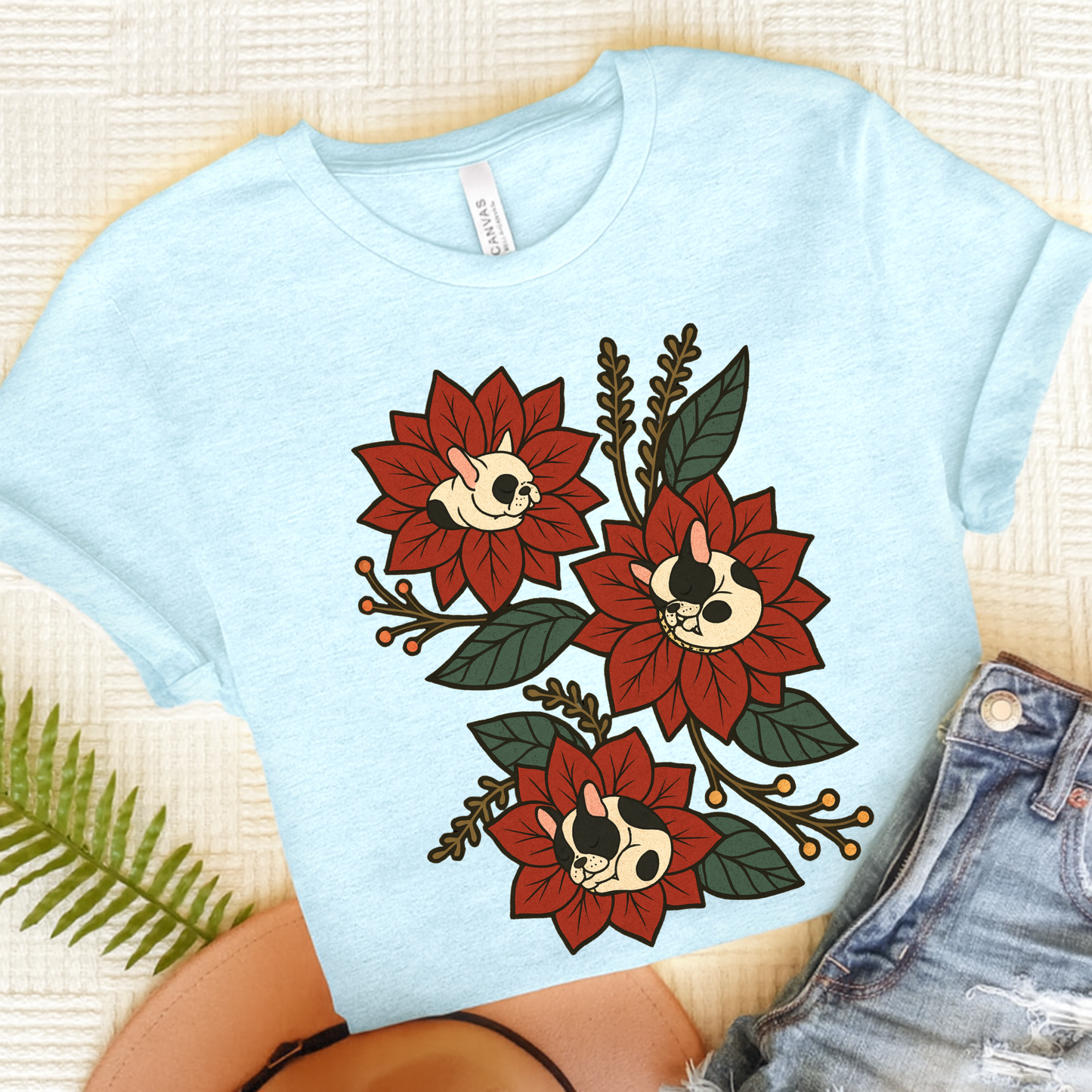 Piebald Frenchie Holiday Flowers Sleeping TShirt Heather Ice Blue