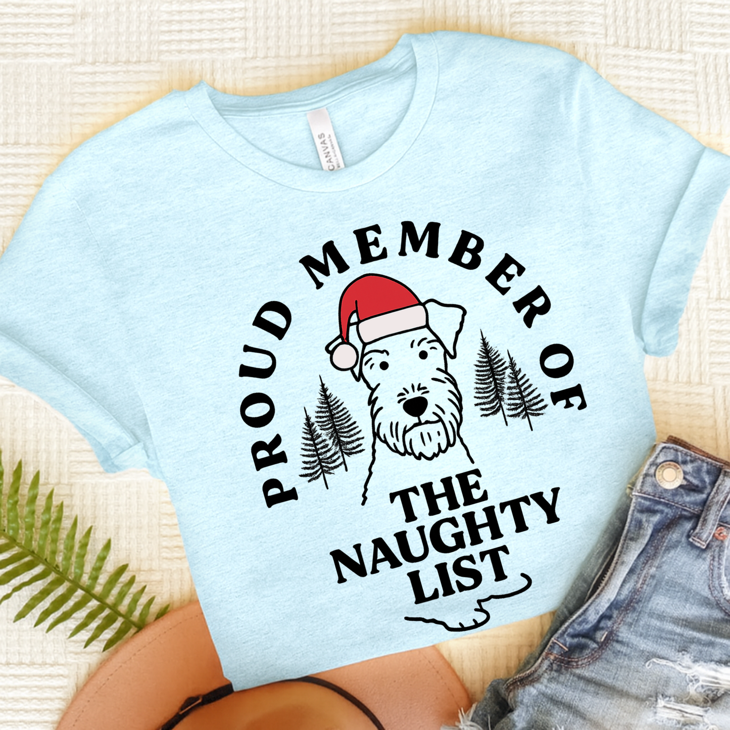 Airedale Terrier Naughty List TShirt Heather Ice Blue