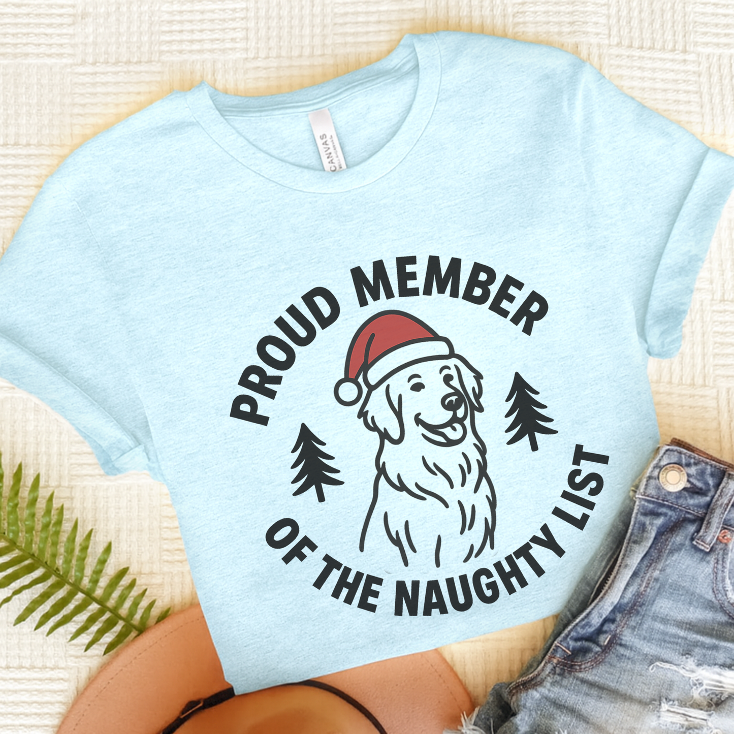 Golden Retriever Naughty List TShirt Heather Ice Blue
