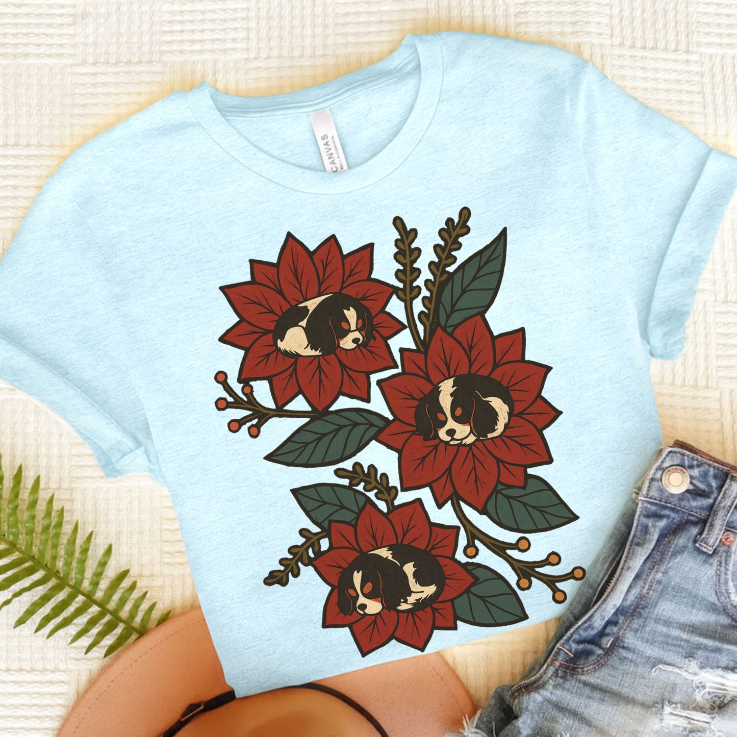 Tricolor Cavalier Holiday Flowers Sleeping TShirt Heather Ice Blue