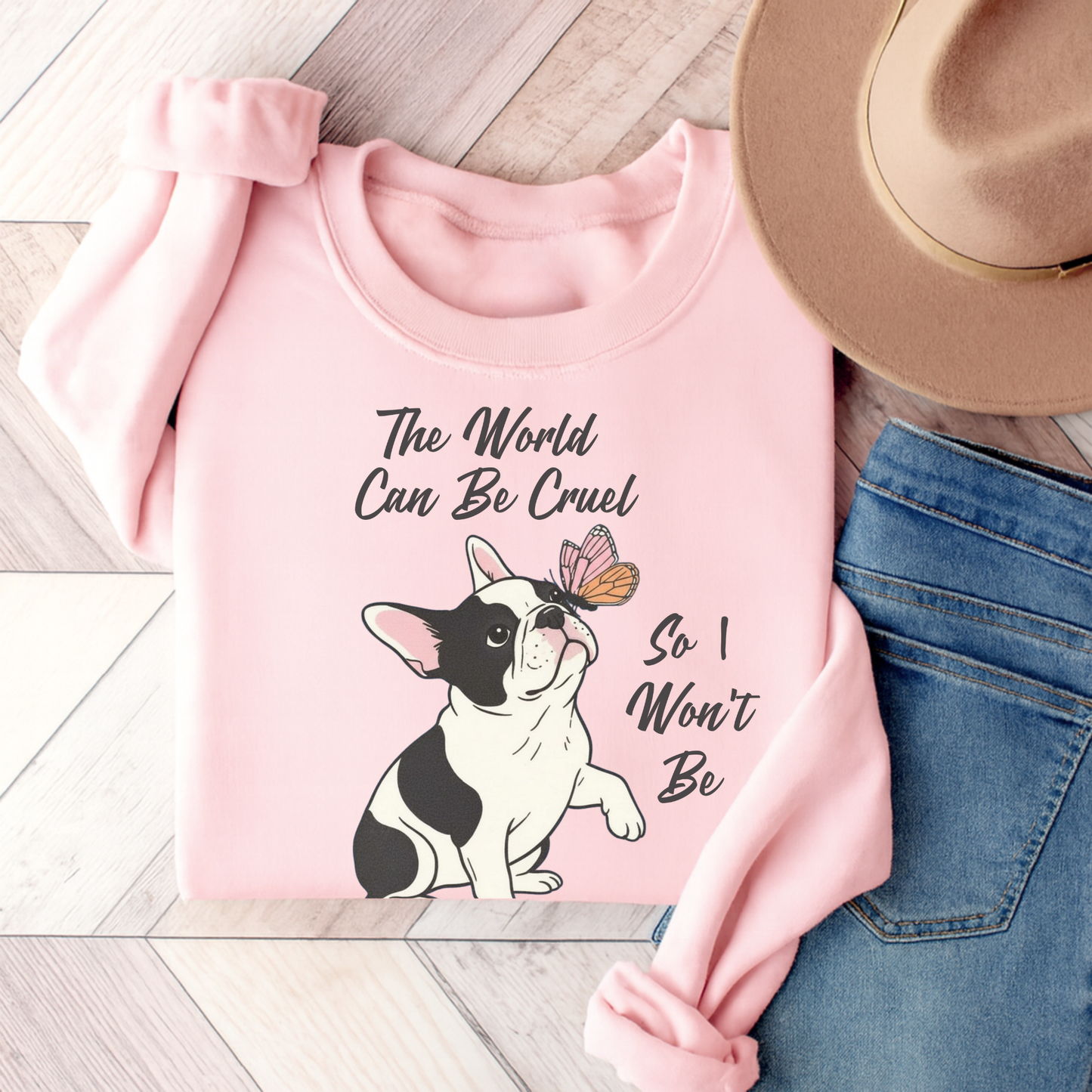 Cruel World Piebald Frenchie Sweatshirt Light Pink