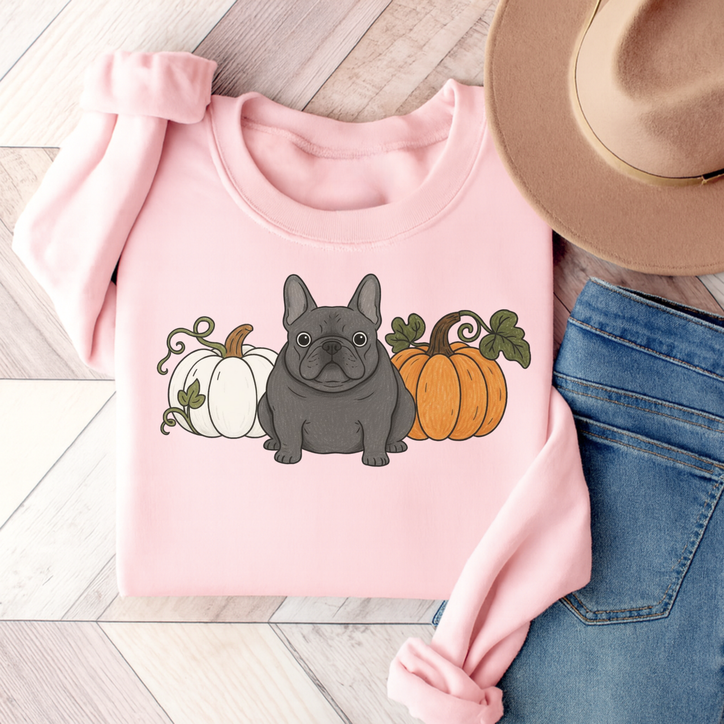 Black Frenchie Pupkin Unisex Sweatshirt Light Pink
