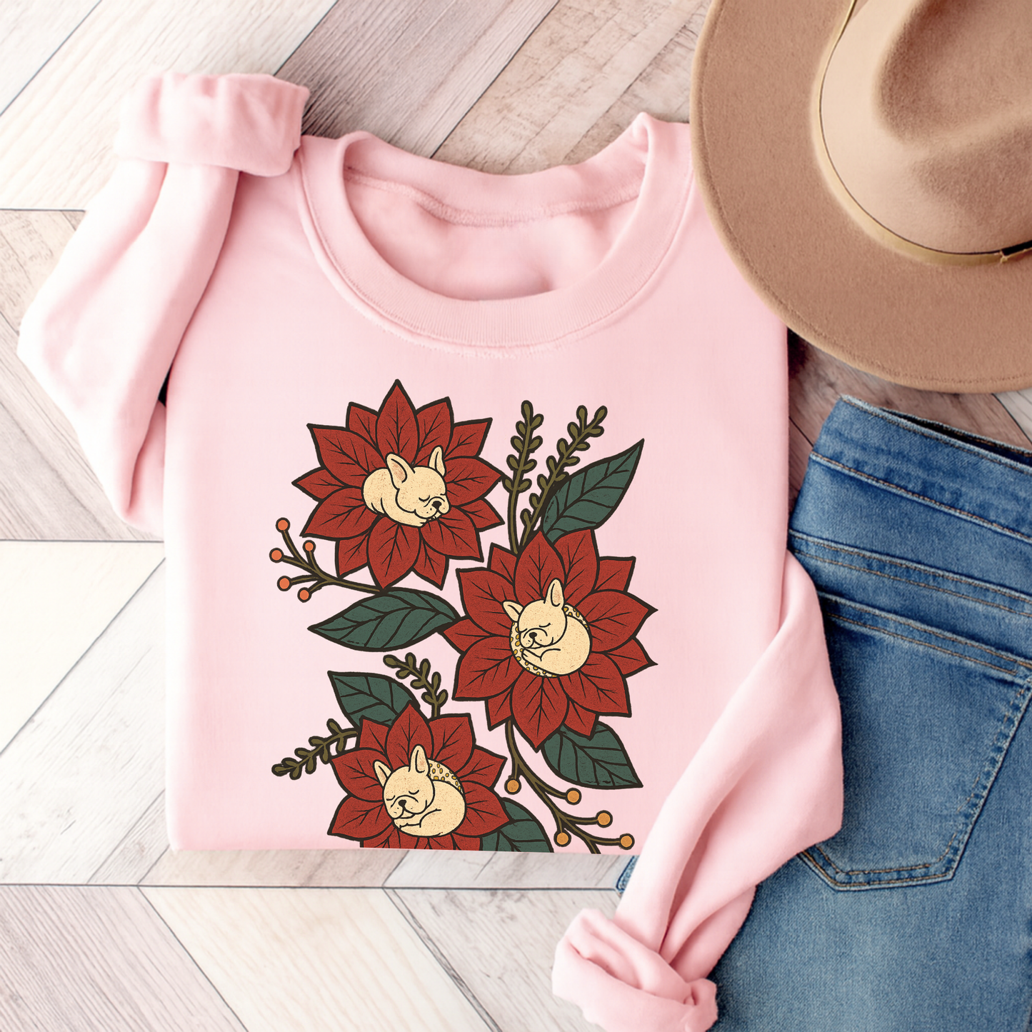 White Frenchie Christmas Flower Sweatshirt Light Pink