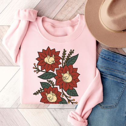 White Frenchie Christmas Flower Sweatshirt Light Pink