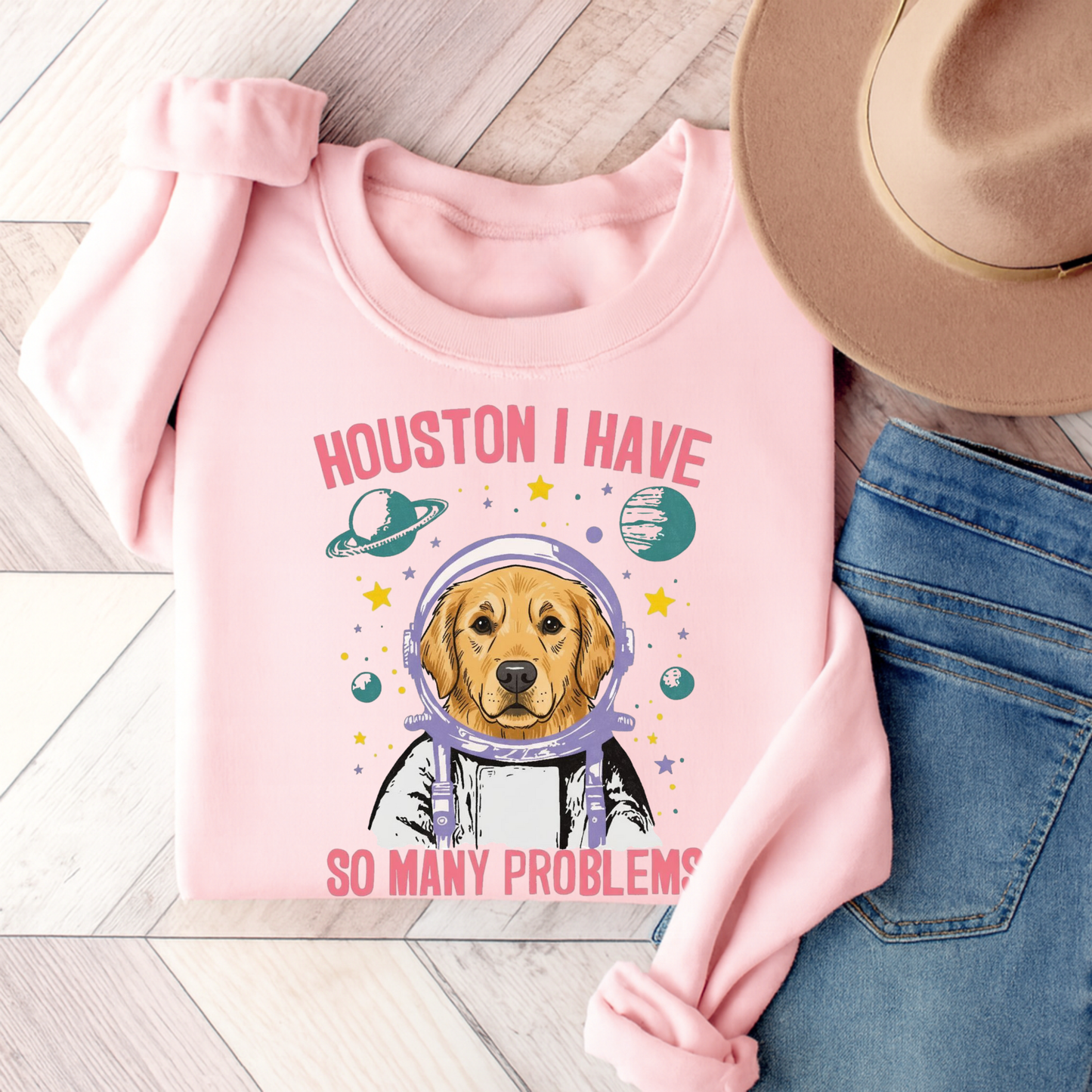 Golden Retriever Houston Space Sweatshirt Light Pink