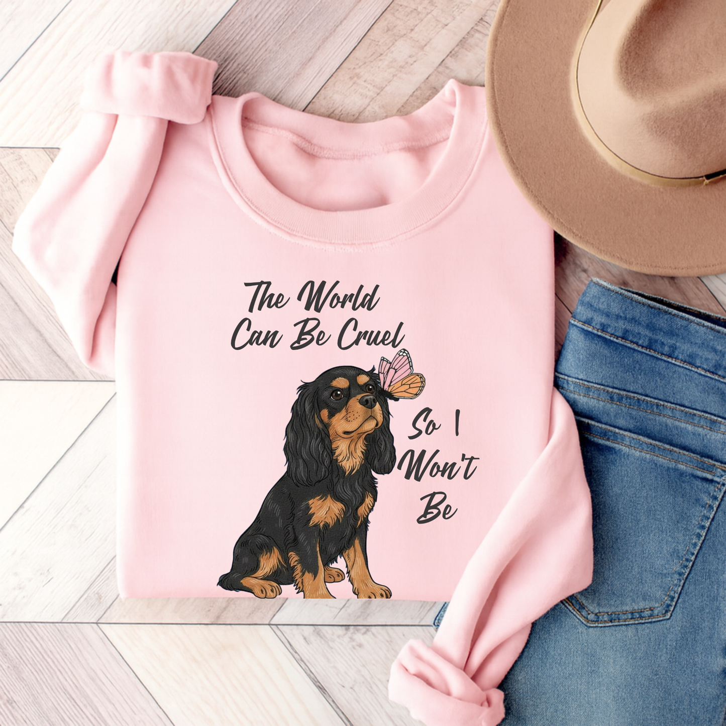 Cruel World Black Tan Cavalier Sweatshirt Light Pink