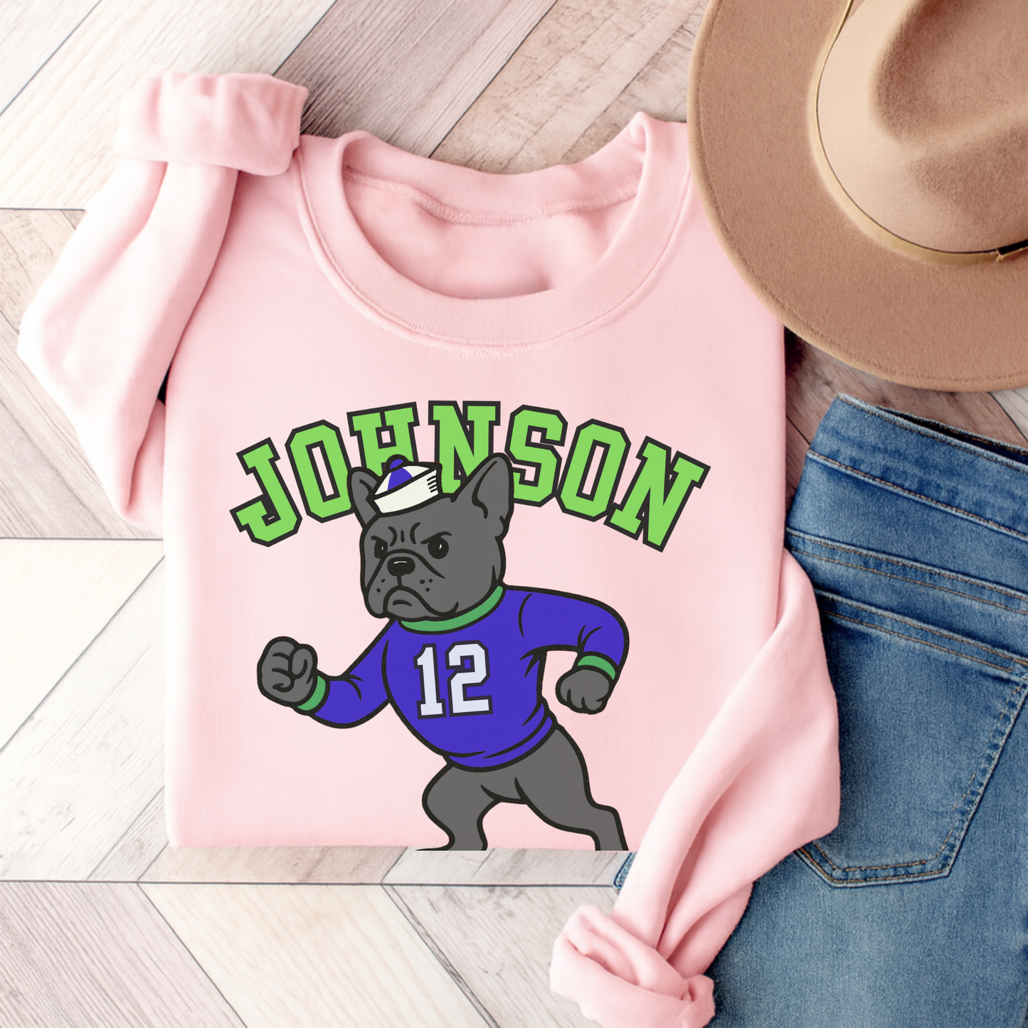 Black Frenchie College Mascot Sweatshirt Light Pink