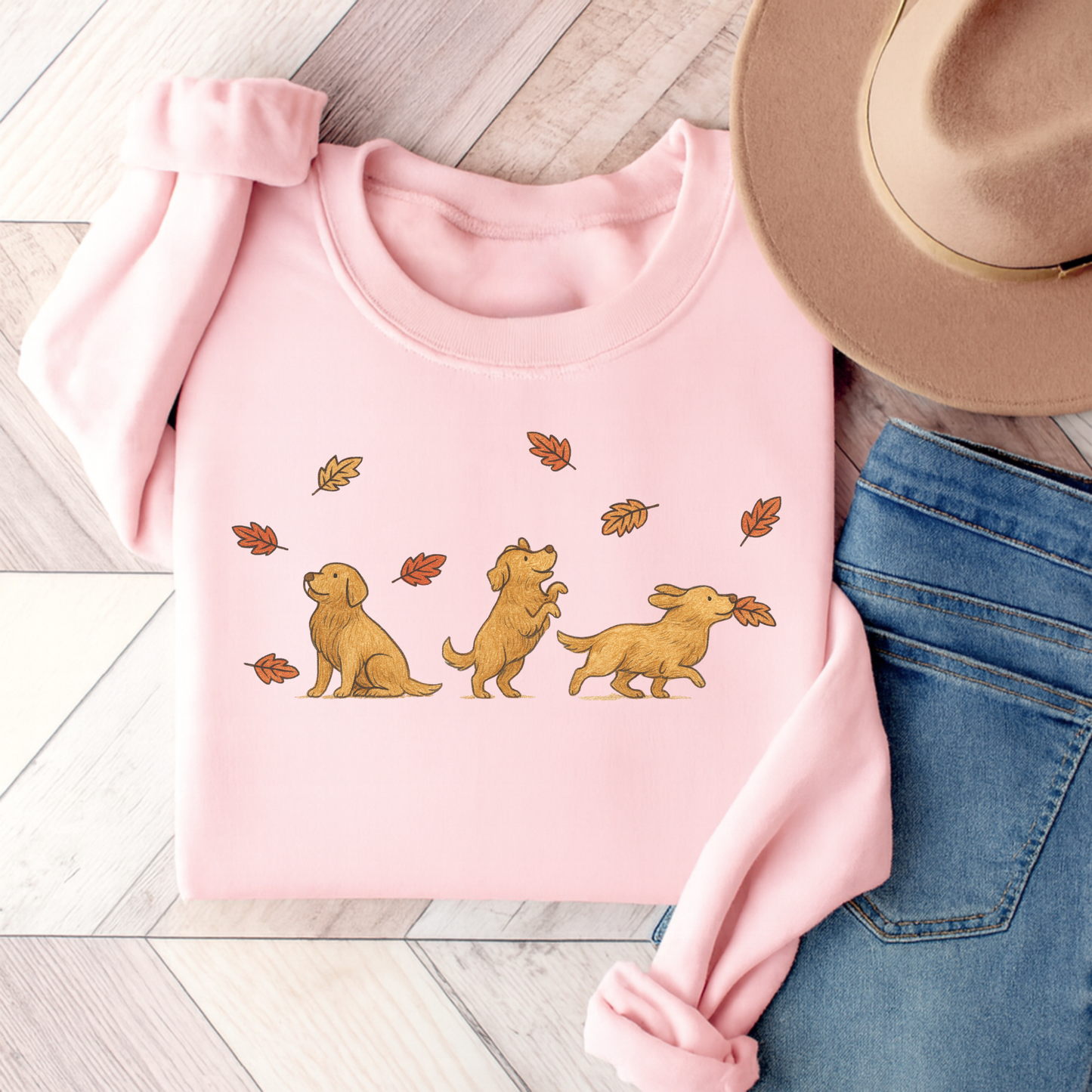Golden Retriever Chasing Leaves Sweatshirt Light Pink