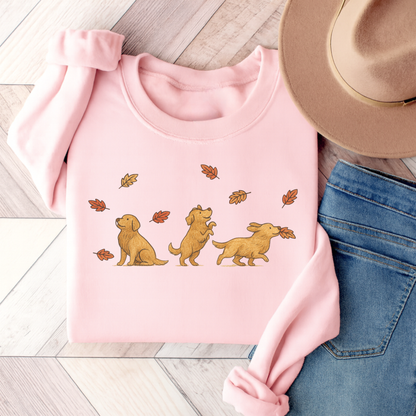 Golden Retriever Chasing Leaves Sweatshirt Light Pink