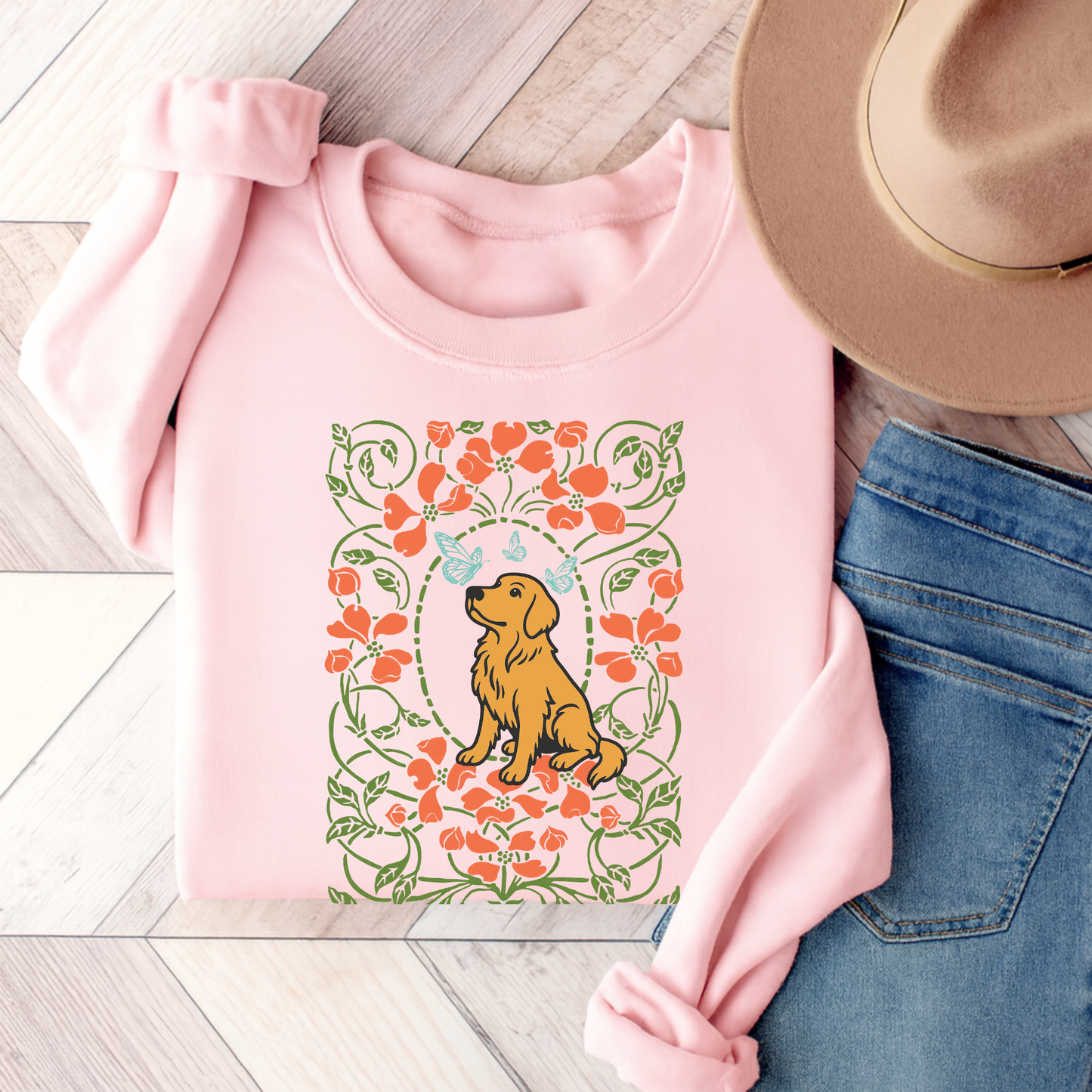 Golden Retriever Butterfly Frame Sweatshirt Light Pink
