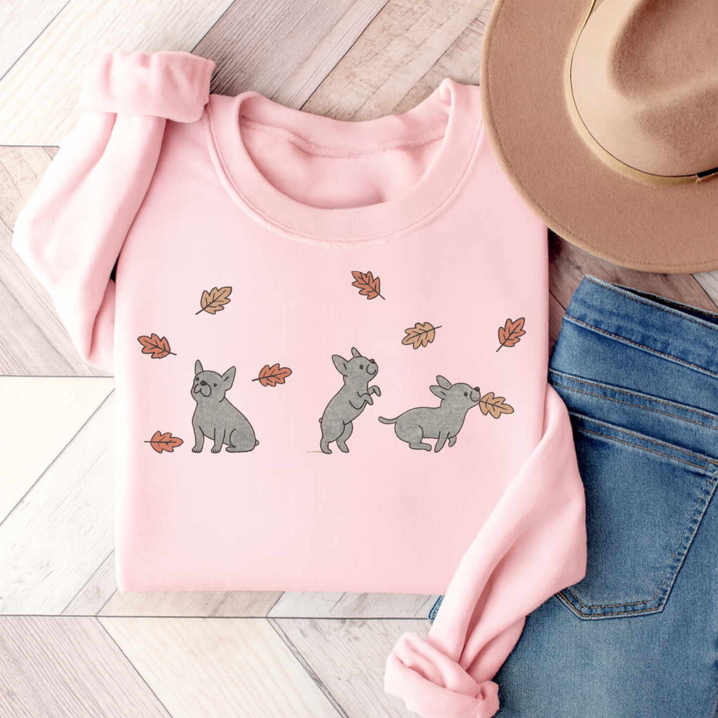 Black French Bulldog Chasing Leaves Sweatshirt Light Pink