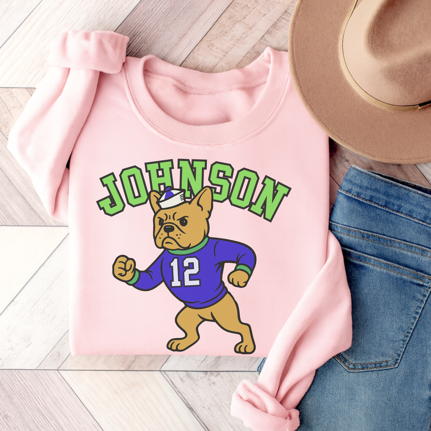 Fawn Frenchie College Mascot Sweatshirt Light Pink