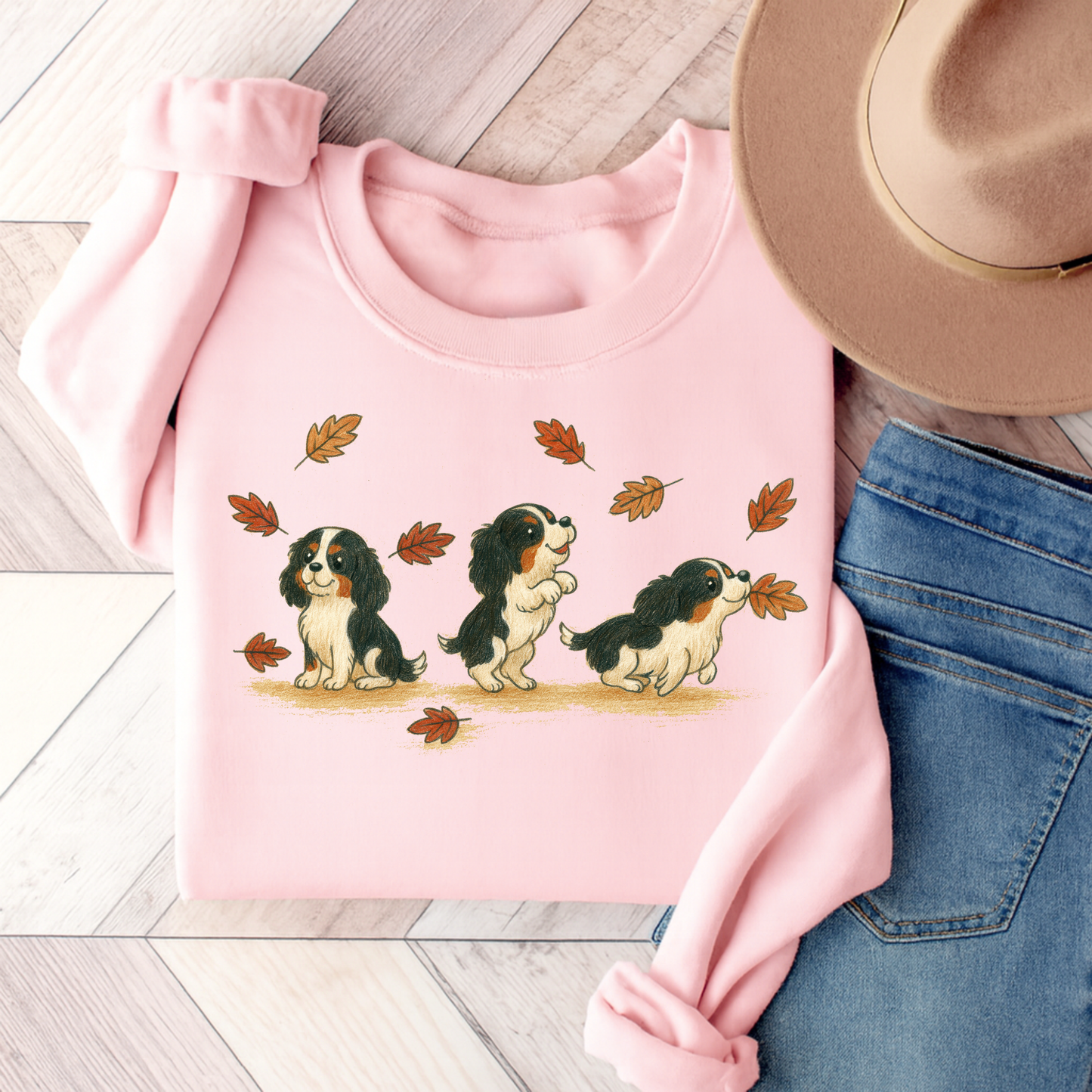 Tricolor Cavalier Chasing Leaves Sweatshirt Light Pink