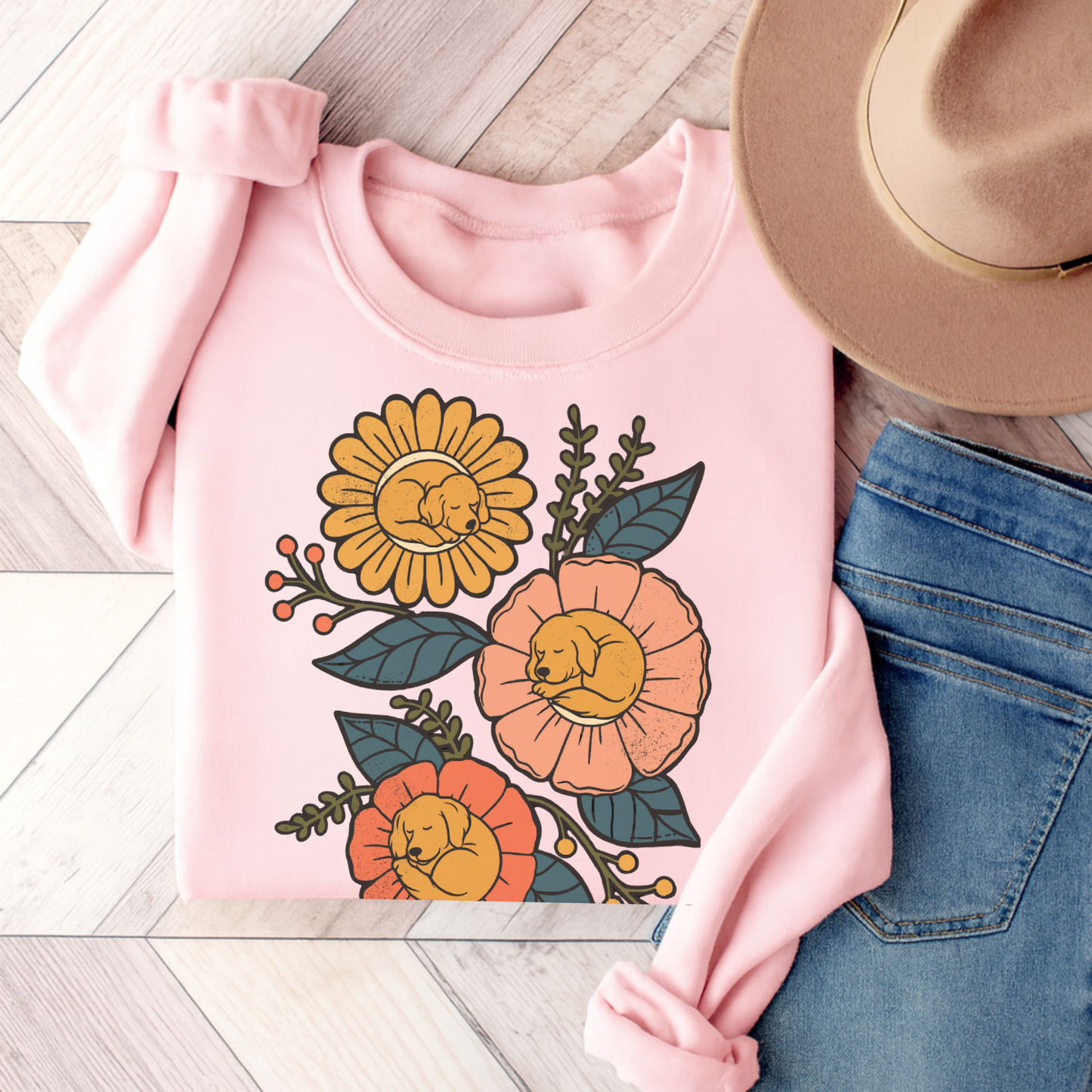 Golden Retriever Sleeping Flowers Sweatshirt Light Pink
