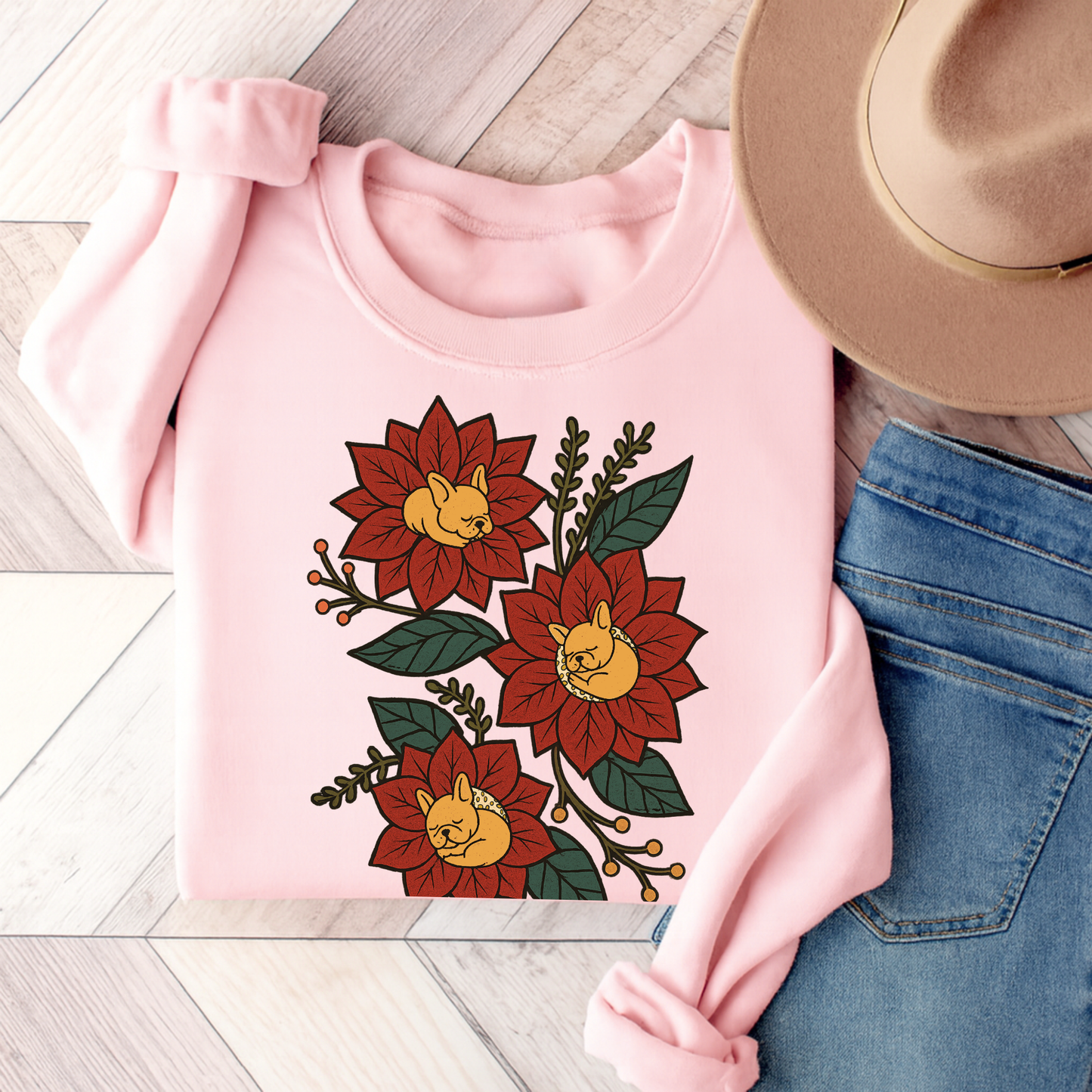 Fawn Frenchie Christmas Flower Sweatshirt Light Pink