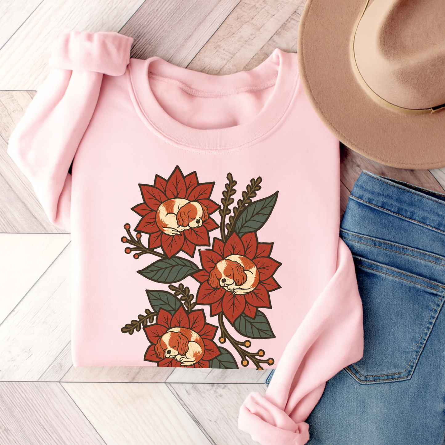 Blenheim Cavalier Christmas Flower Sweatshirt Light Pink