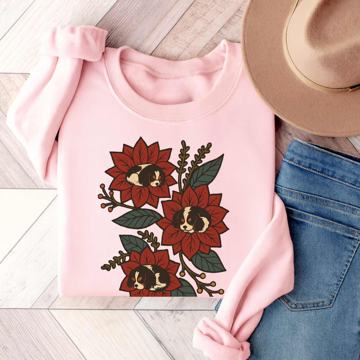 Tricolor Cavalier Christmas Flower Sweatshirt Light Pink