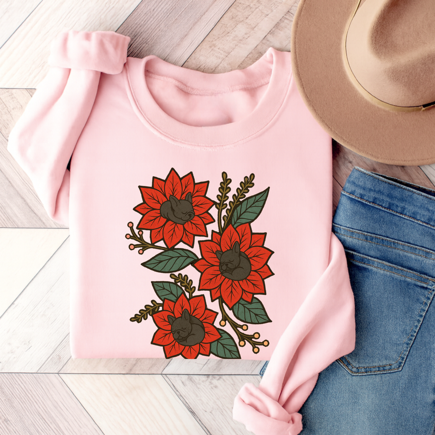 Black Frenchie Christmas Flower Sweatshirt Light Pink