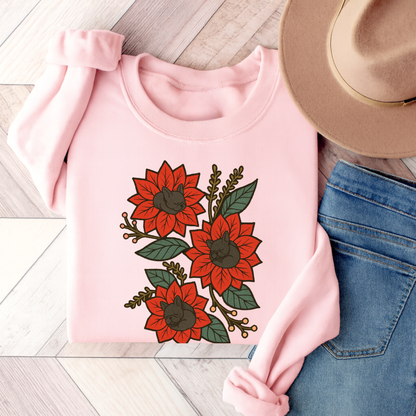 Black Frenchie Christmas Flower Sweatshirt Light Pink