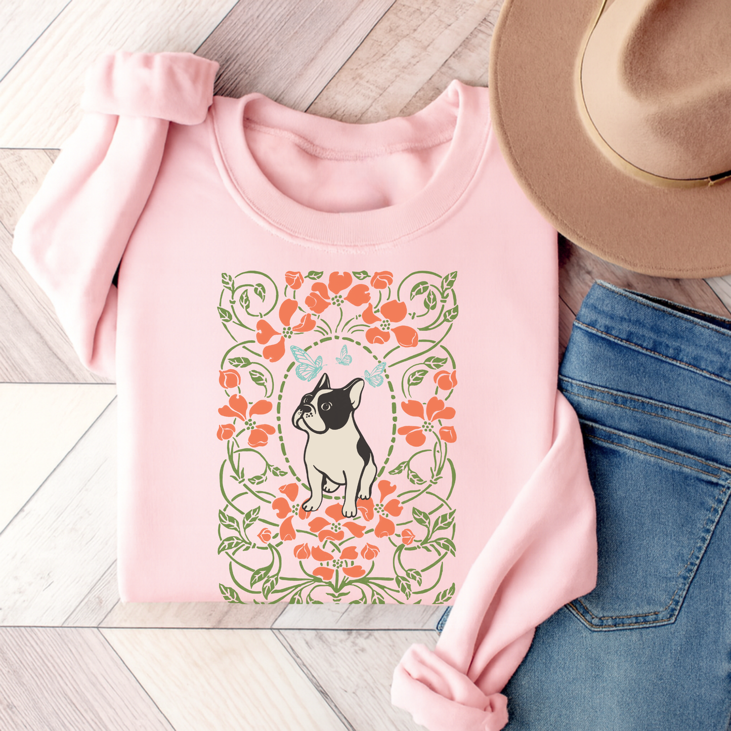 Piebald French Bulldog Butterfly Frame Sweatshirt Light Pink