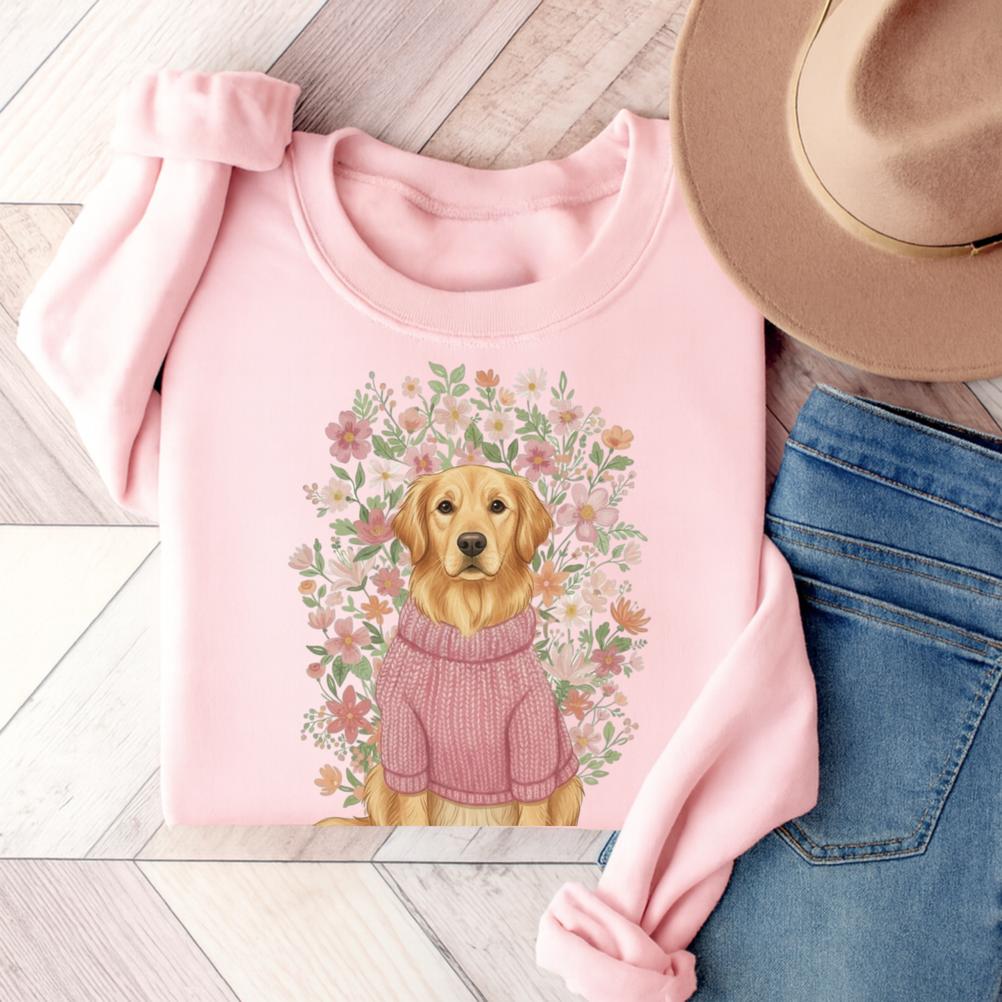 Golden Retriever Bouquet Sweatshirt Light Pink