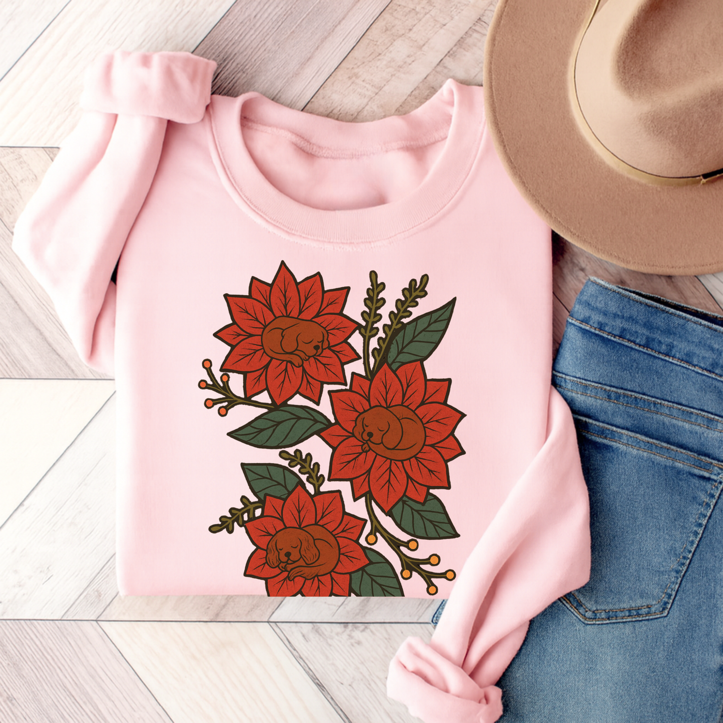 Ruby Cavalier Christmas Flower Sweatshirt Light Pink