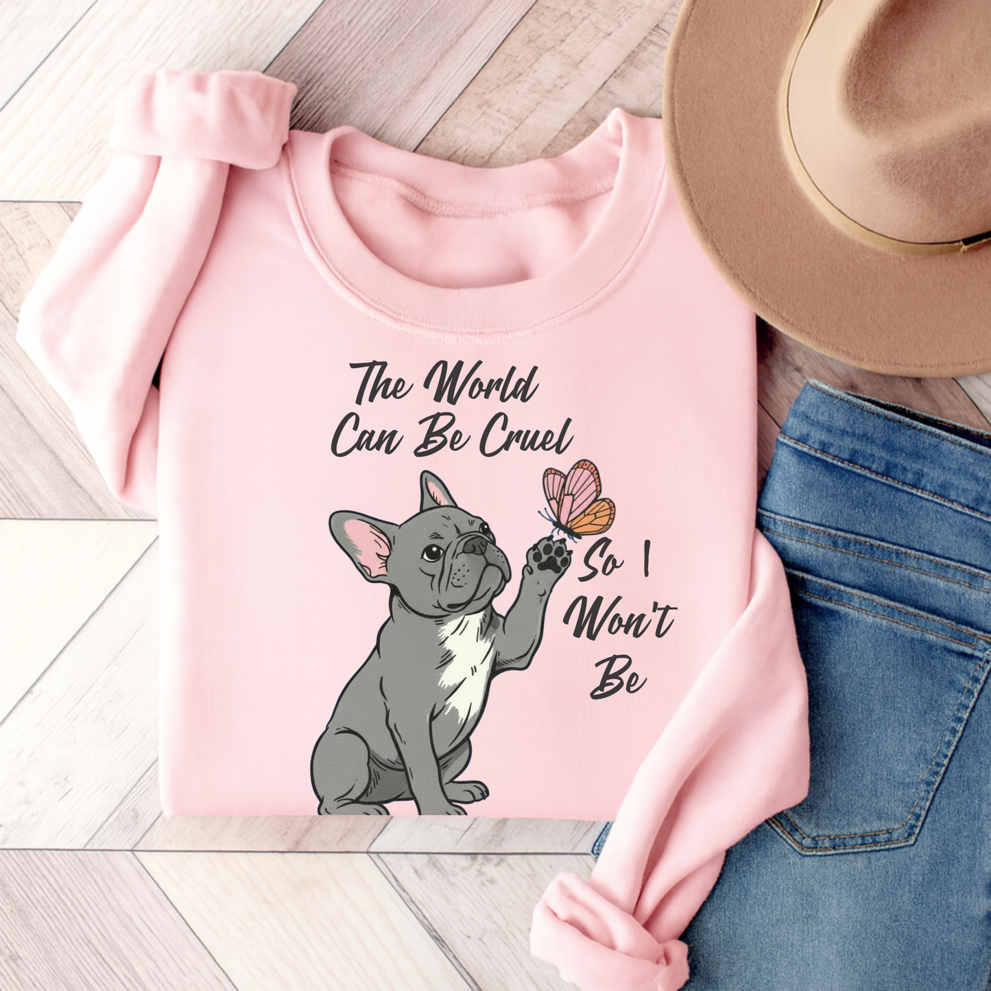 Cruel World Black Frenchie Sweatshirt Light Pink