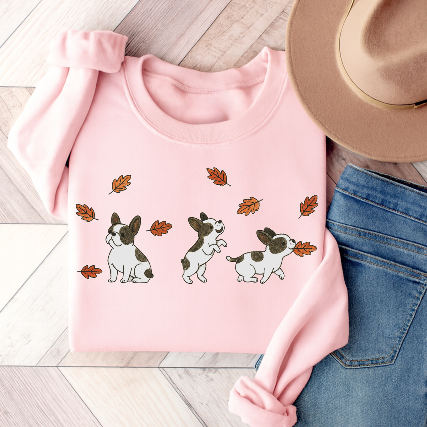 Piebald Frenchie Chasing Leaves Sweatshirt Light Pink