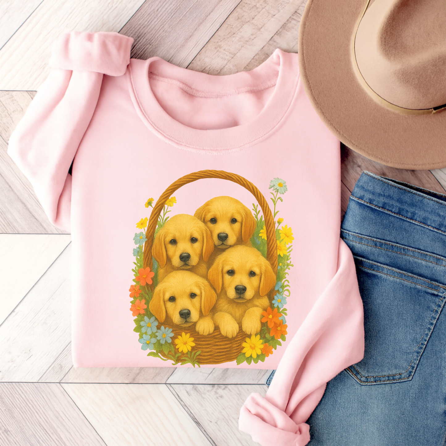Puppy Basket Golden Retriever Sweatshirt Light Pink
