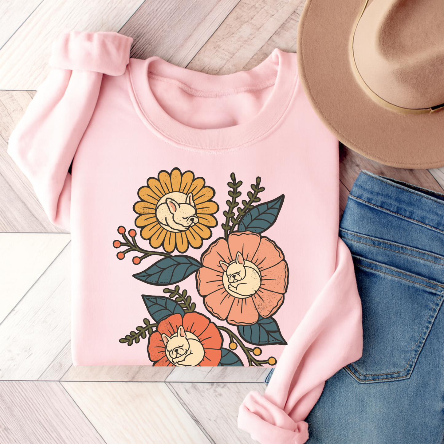 White Frenchie Sleeping Flowers Sweatshirt Light Pink