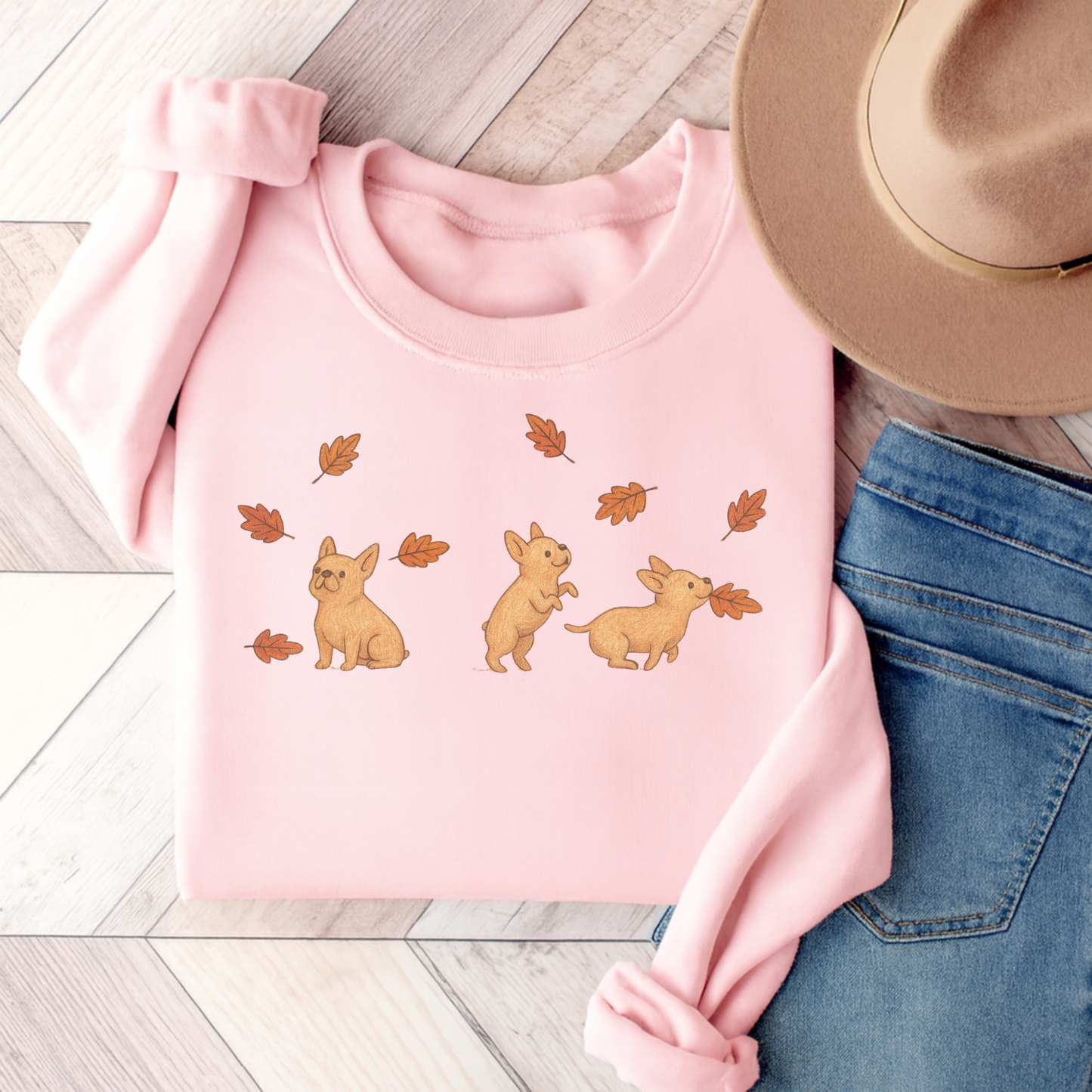 Fawn Frenchie Chasing Leaves Sweatshirt Light Pink