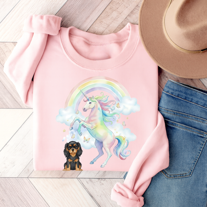 Black Tan Cavalier Watercolor Unicorn Sweatshirt Light Pink