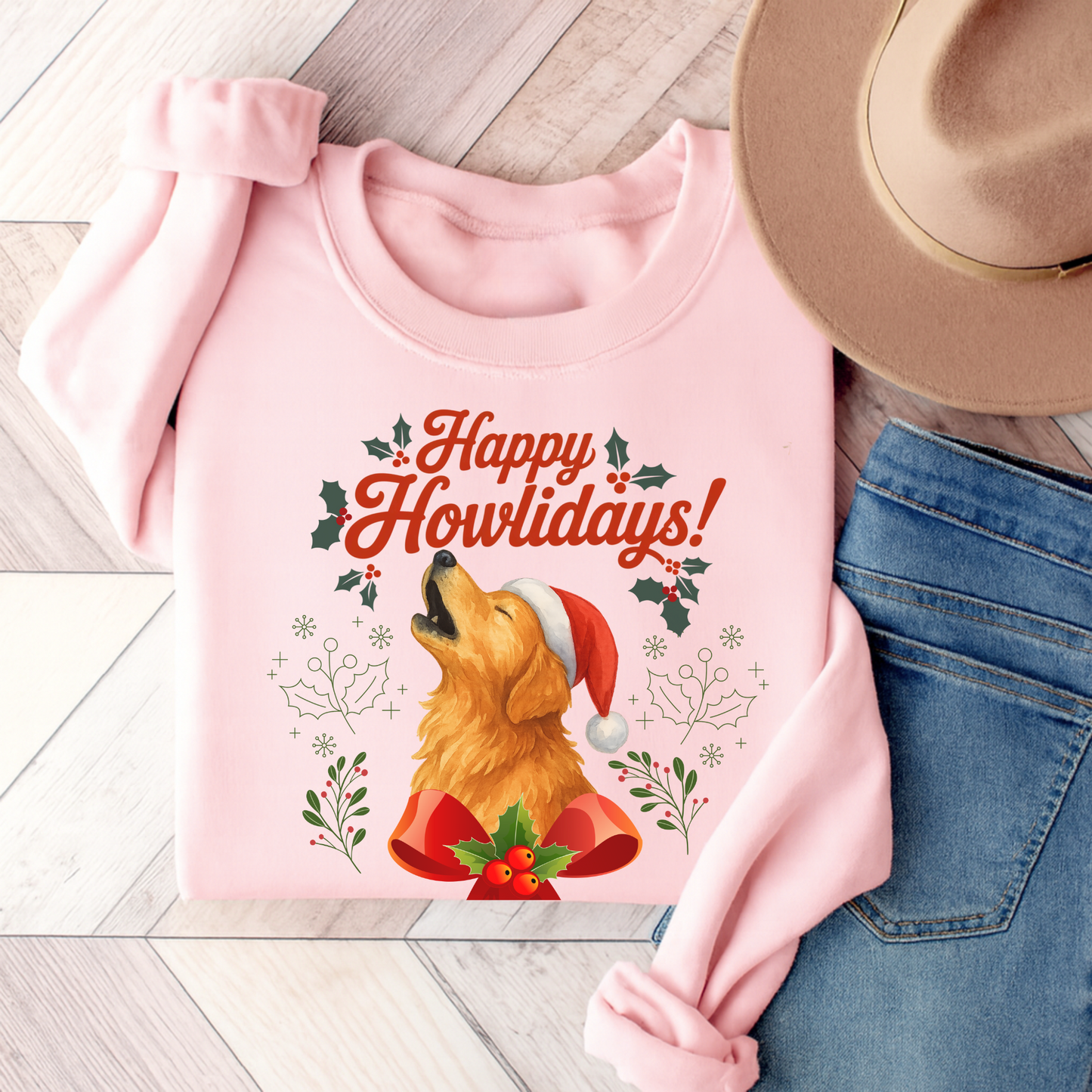 Golden Retriever Happy Howlidays Sweatshirt Light Pink