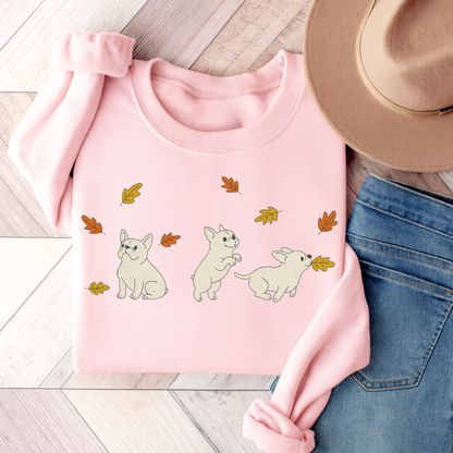 White Frenchie Chasing Leaves Sweatshirt Light Pink