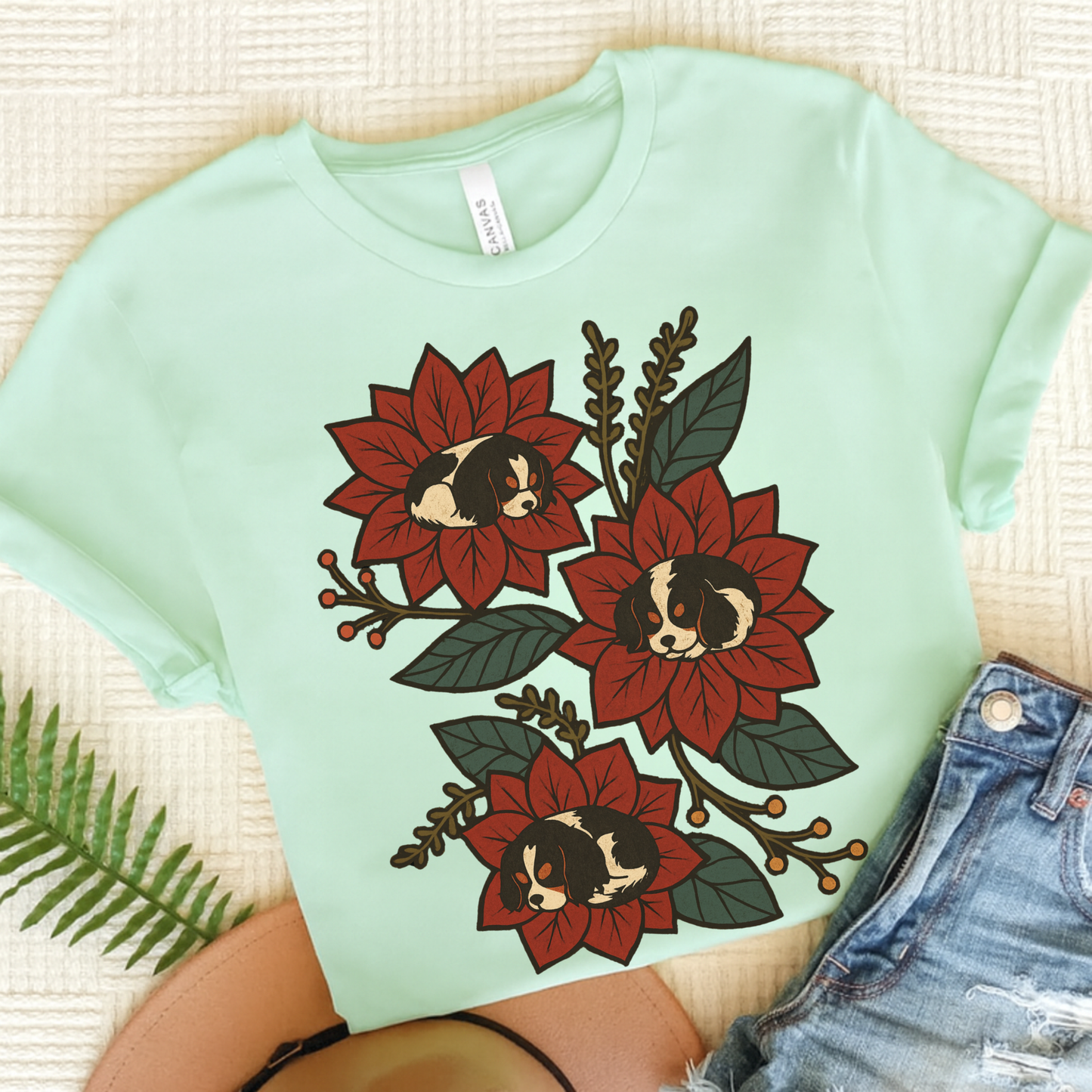 Tricolor Cavalier Holiday Flowers Sleeping TShirt Heather Mint