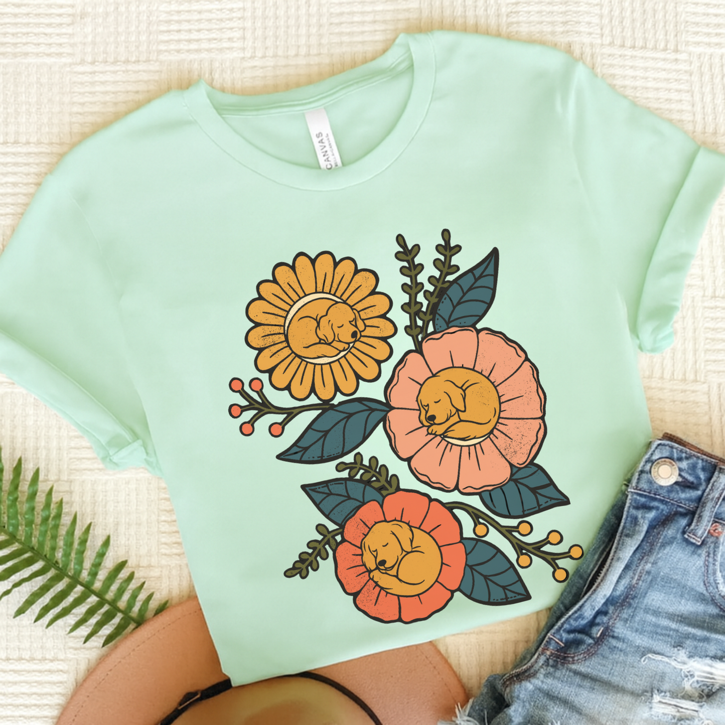 Golden Retriever Sleeping Flowers TShirt Heather Mint