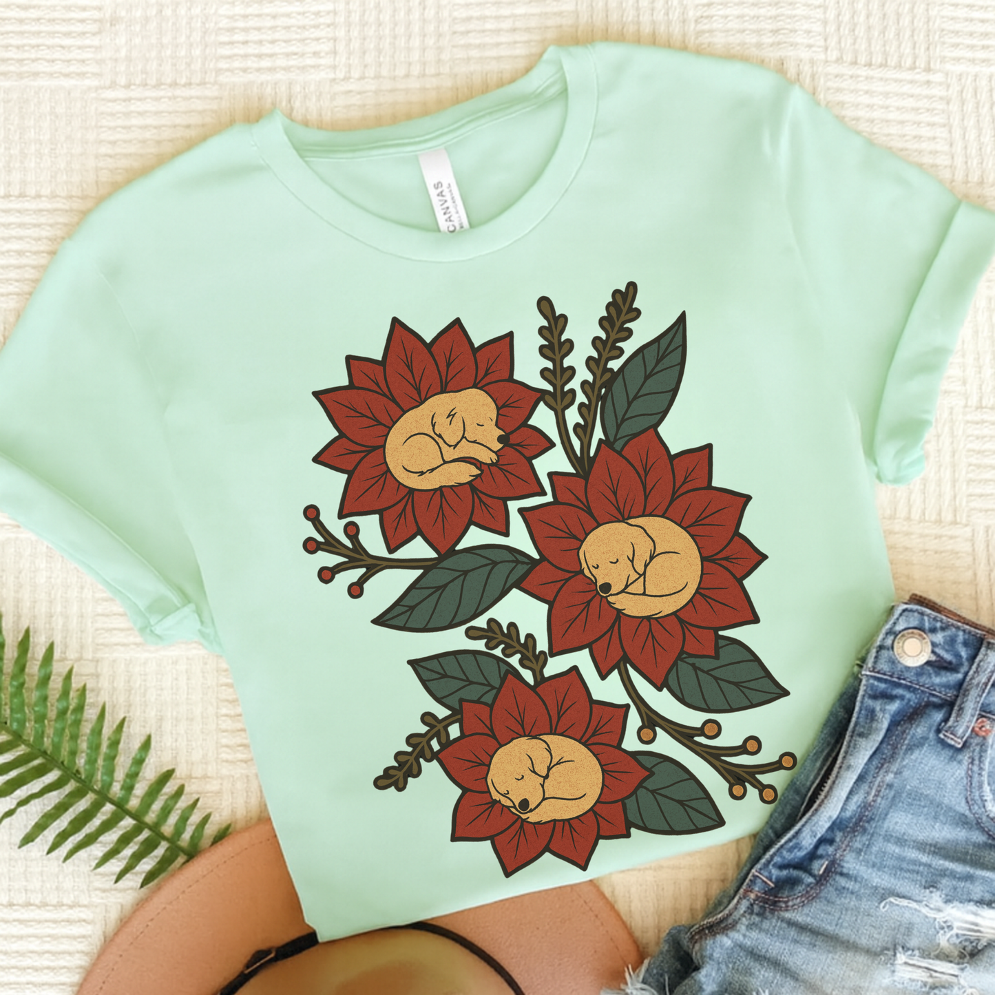 Golden Retriever Holiday Flowers Sleeping TShirt Heather Mint