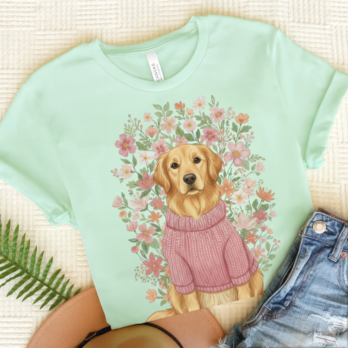 Golden Retriever Bouquet Tshirt Heather Mint