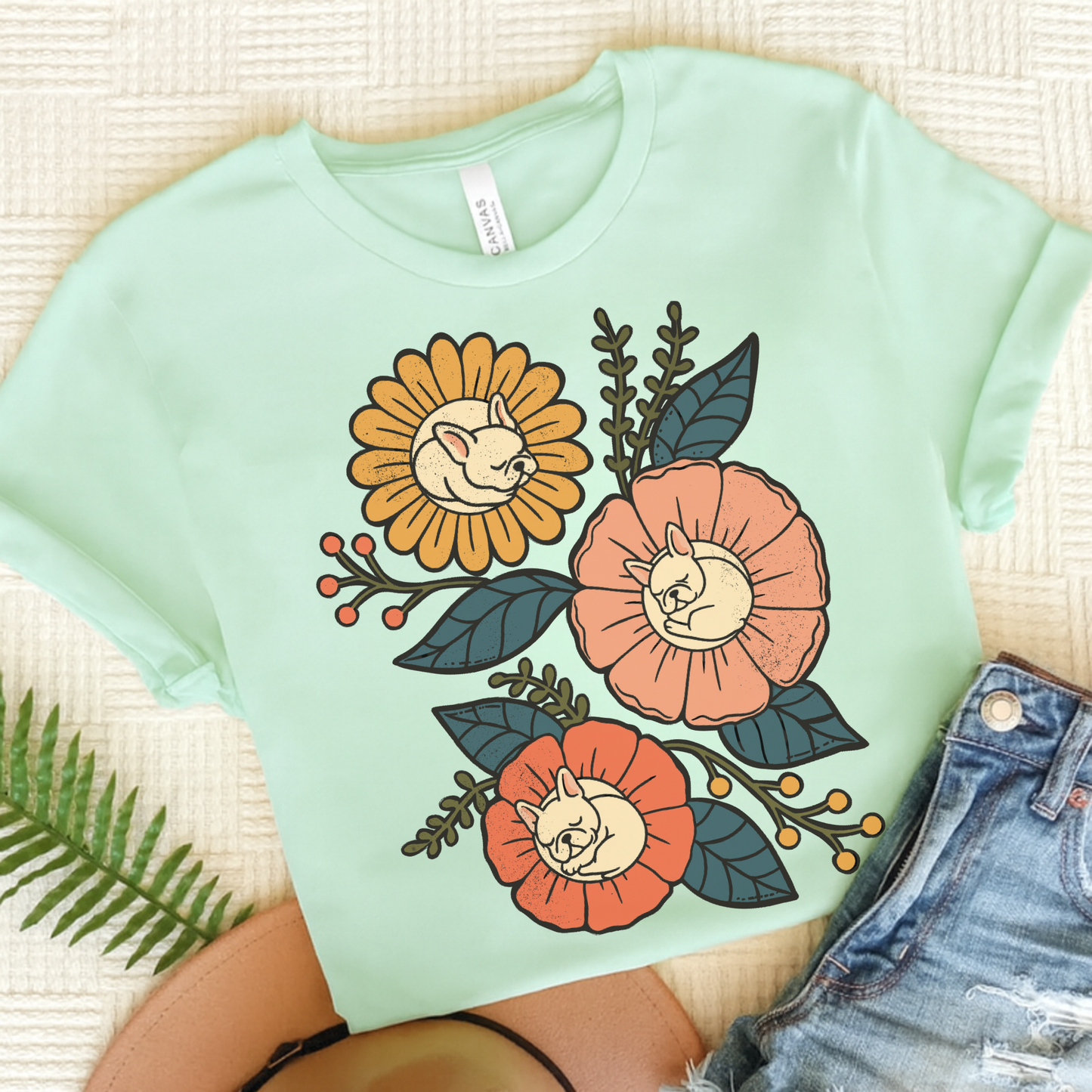 White Frenchie Sleeping Flowers TShirt Heather Mint