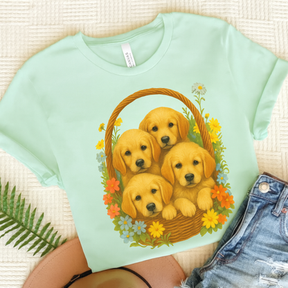Puppy Basket Golden Retriever Tshirt Heather Mint