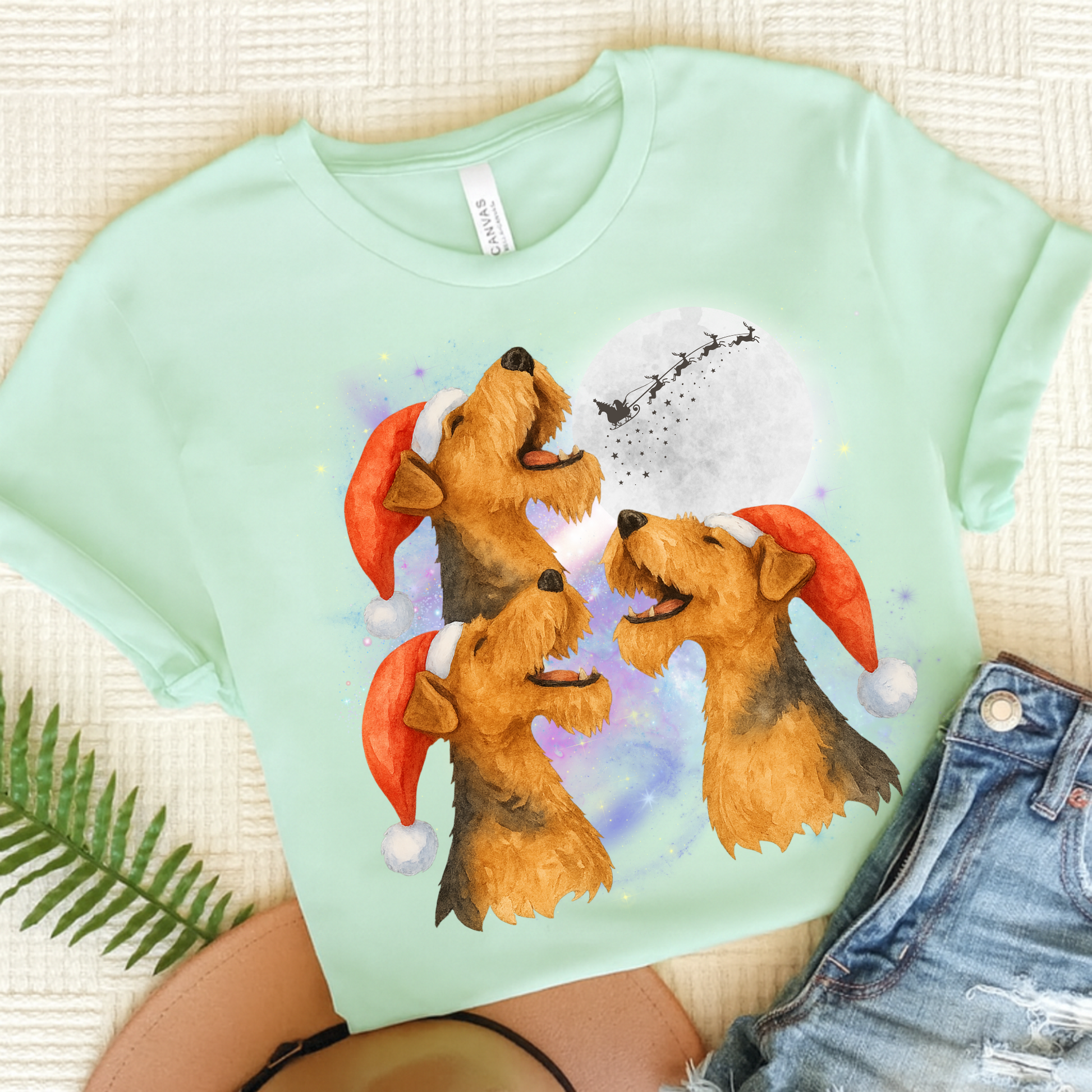 Airedale Terrier Christmas Howliday TShirt Heather Mint