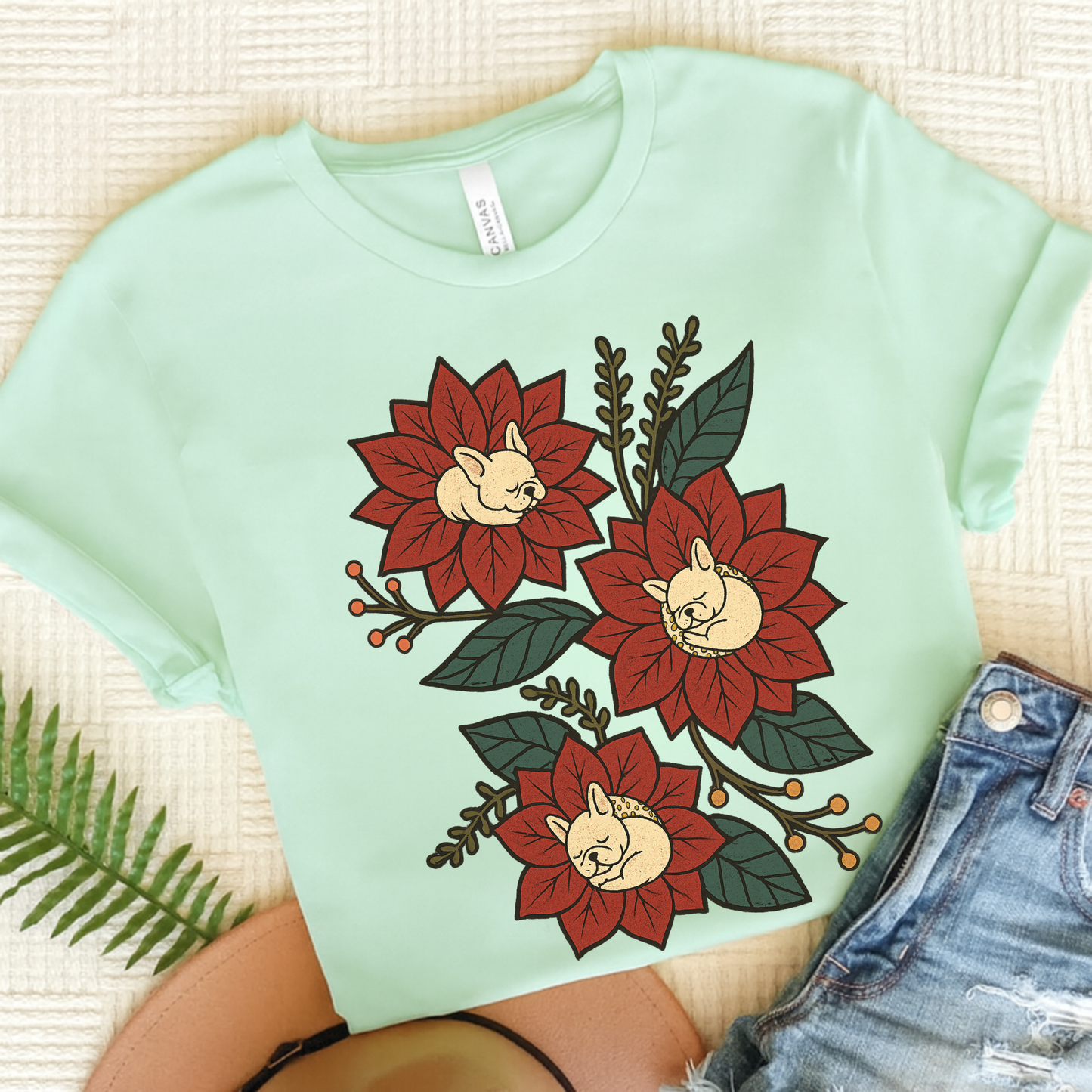 White Frenchie Holiday Flowers Sleeping TShirt Heather Mint