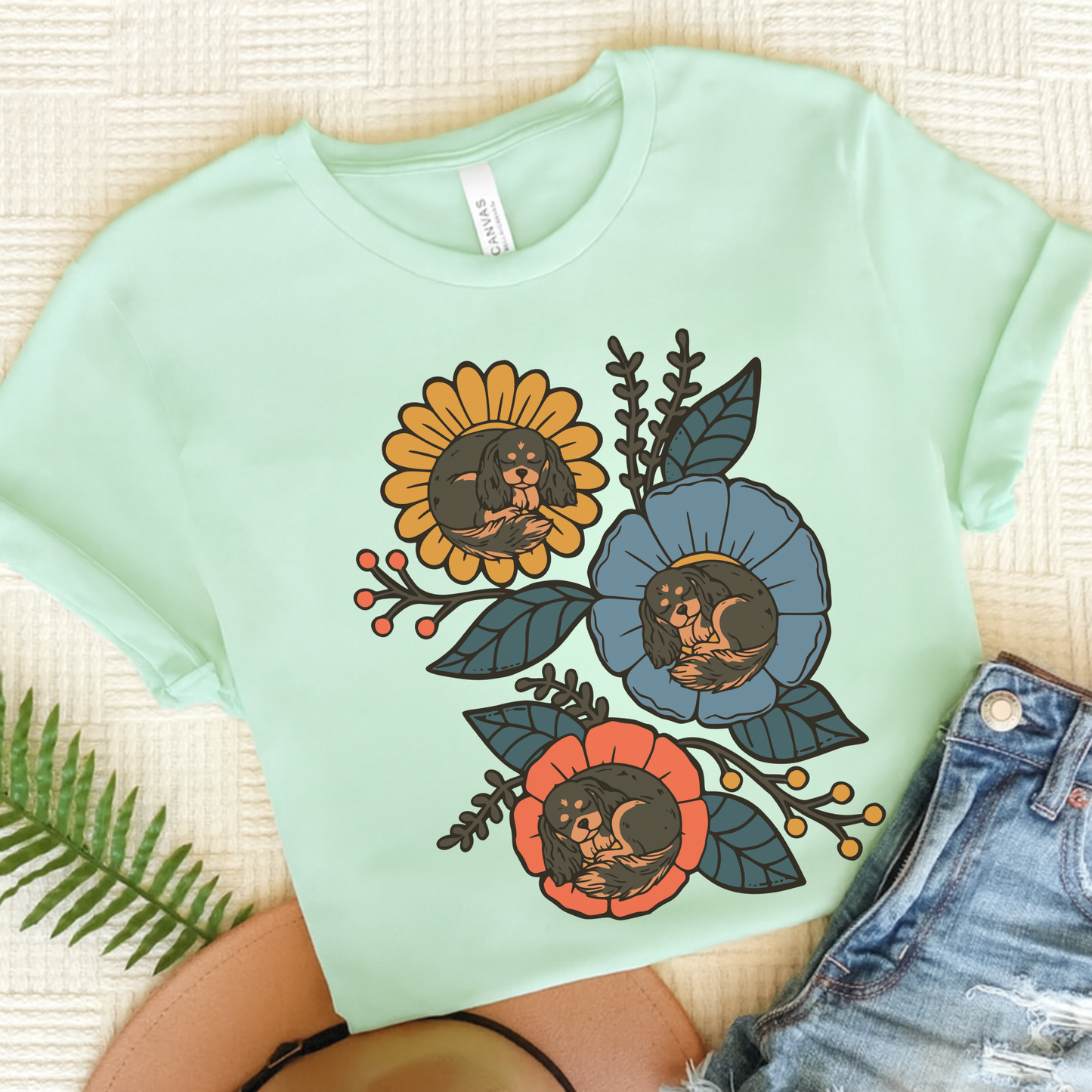 Black Tan Cavalier Sleeping Flowers TShirt Heather Mint