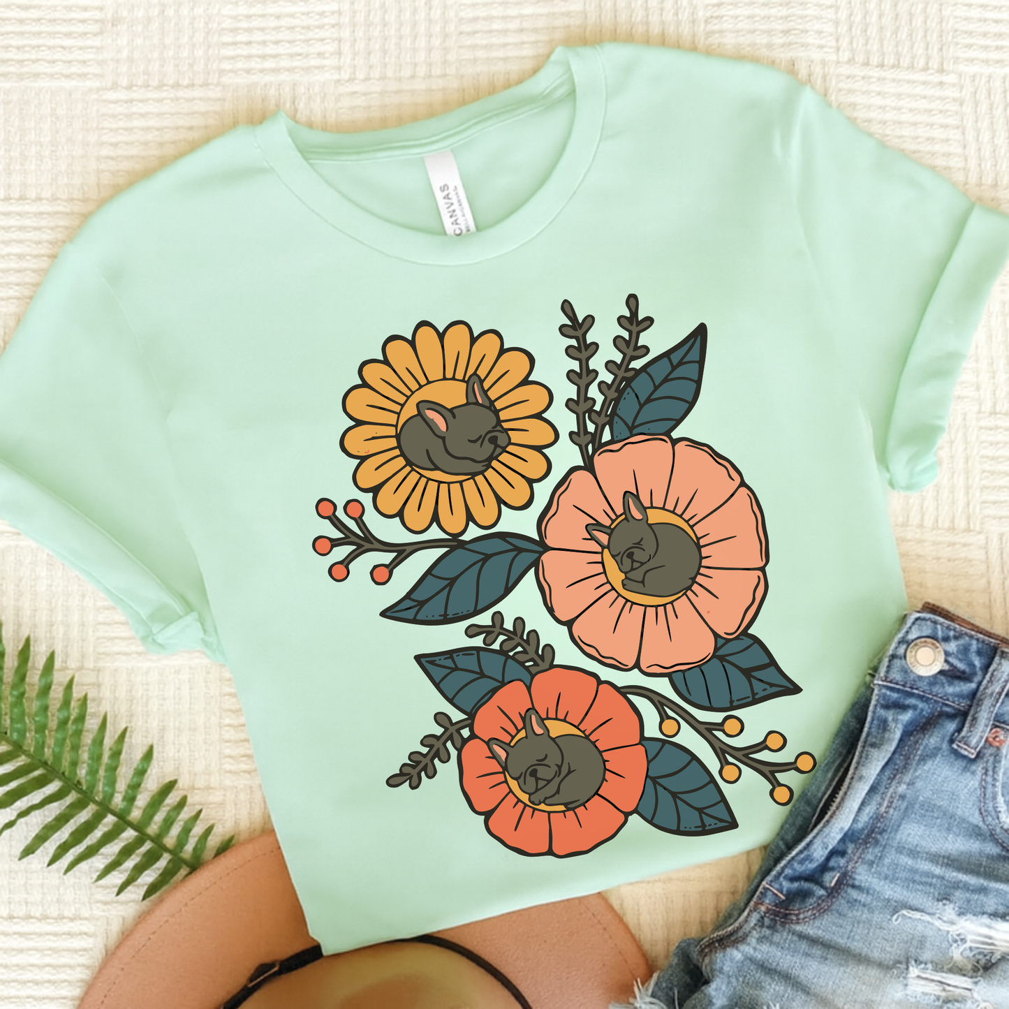 Black Frenchie Sleeping Flowers TShirt Heather Mint