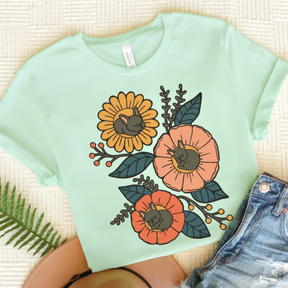 Black Frenchie Sleeping Flowers TShirt Heather Mint