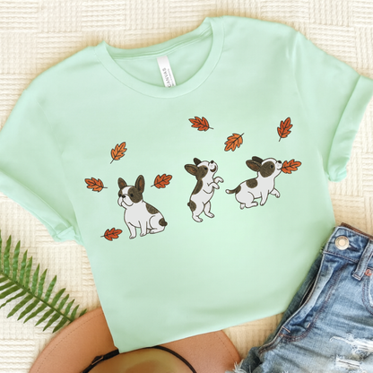 Piebald Frenchie Chasing Leaves TShirt Heather Mint