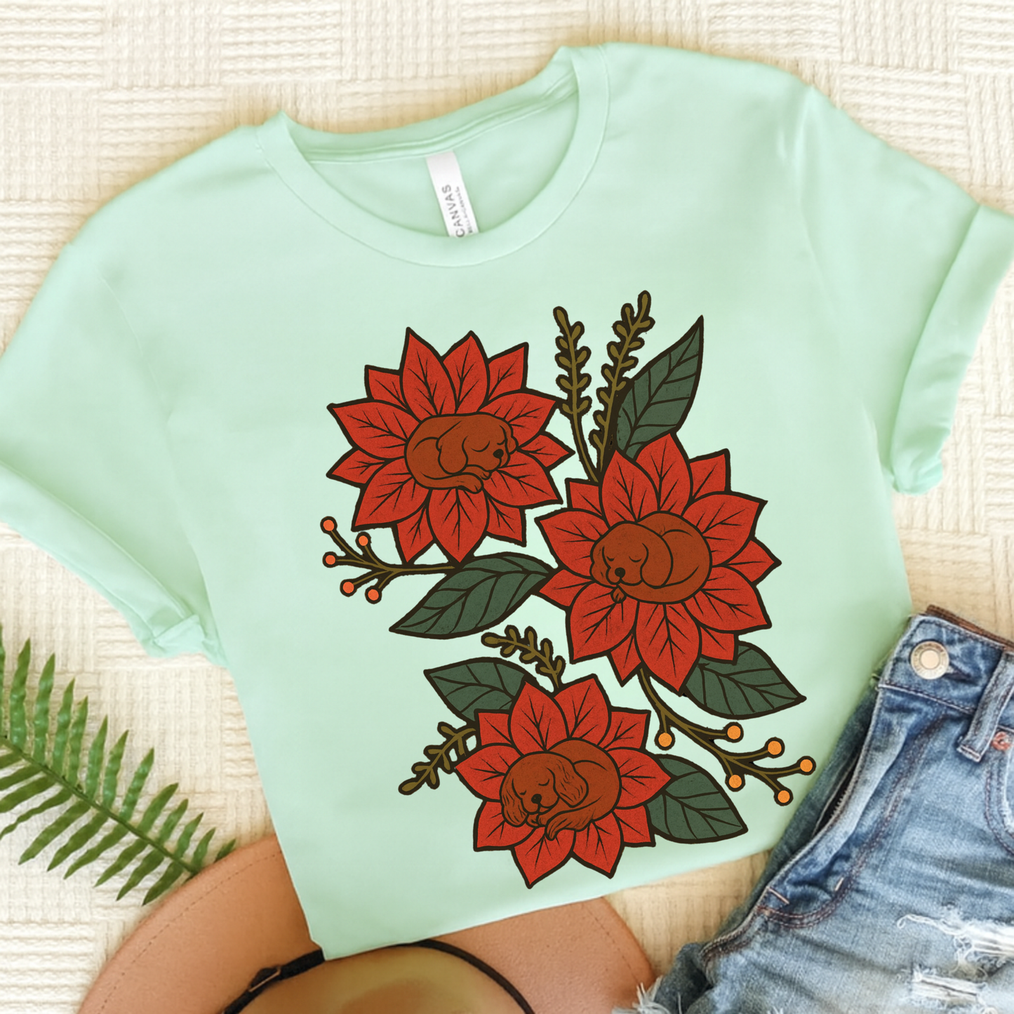 Ruby Cavalier Holiday Flowers Sleeping TShirt Heather Mint
